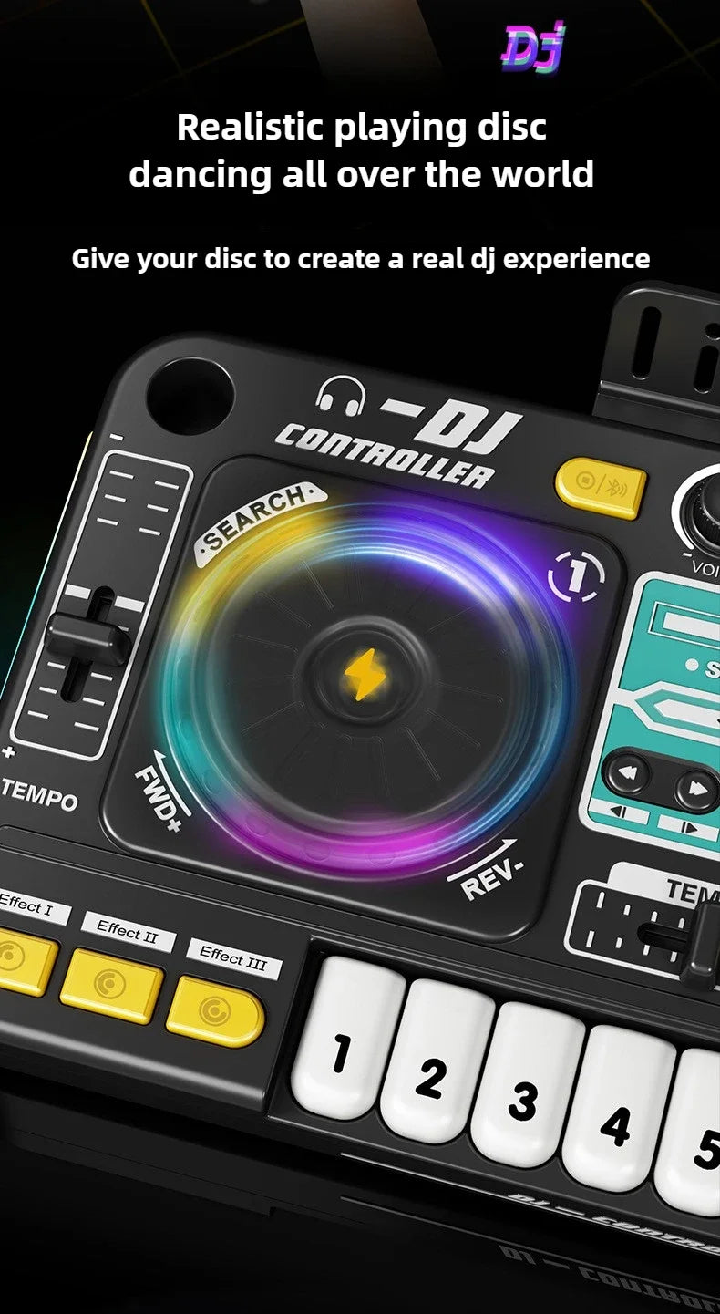 Controller DJ per bambini Mixer giocattolo musicale con microfono Luce a LED Gioco musicale elettronico Giradischi DJ per regali di compleanno per bambini