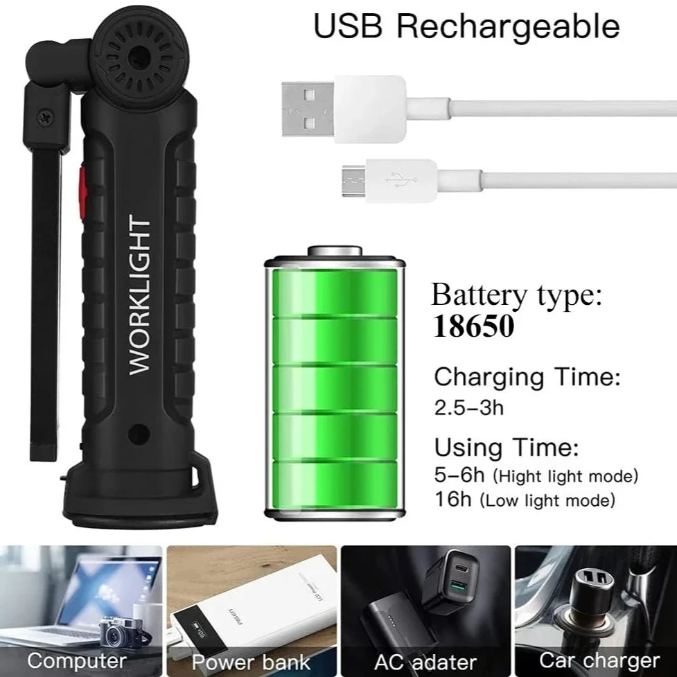 Torcia Portatile A LED COB Ricaricabile USB Lanterna Magnetica Con Batteria Incorporata Per Campeggio E Lavoro