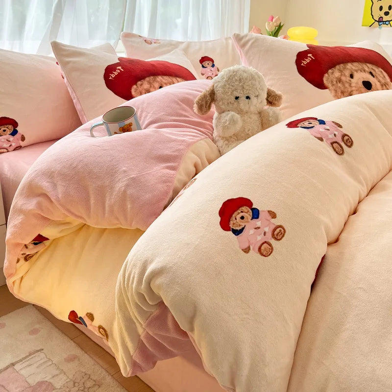 Set Biancheria Da Letto 4 Pezzi In Pile Latte Stampato Invernale Duvet Copripiumino Stile Semplice Accogliente GSM 130