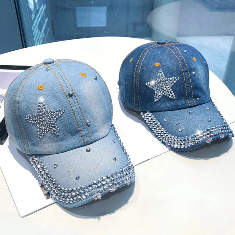 Berretto Da Baseball Da Donna In Denim Con Stella Di Strass Regolabile Snapback Con Visiera Alla Moda