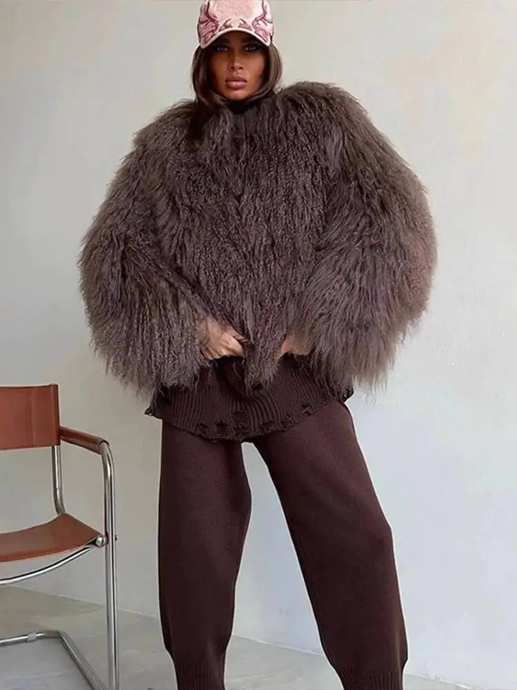 Cappotto Donna Pelliccia Sintetica Marrone Girocollo Allentato Maniche Lunghe Spessa Peluche Giacca Inverno Nuovo 7A1041