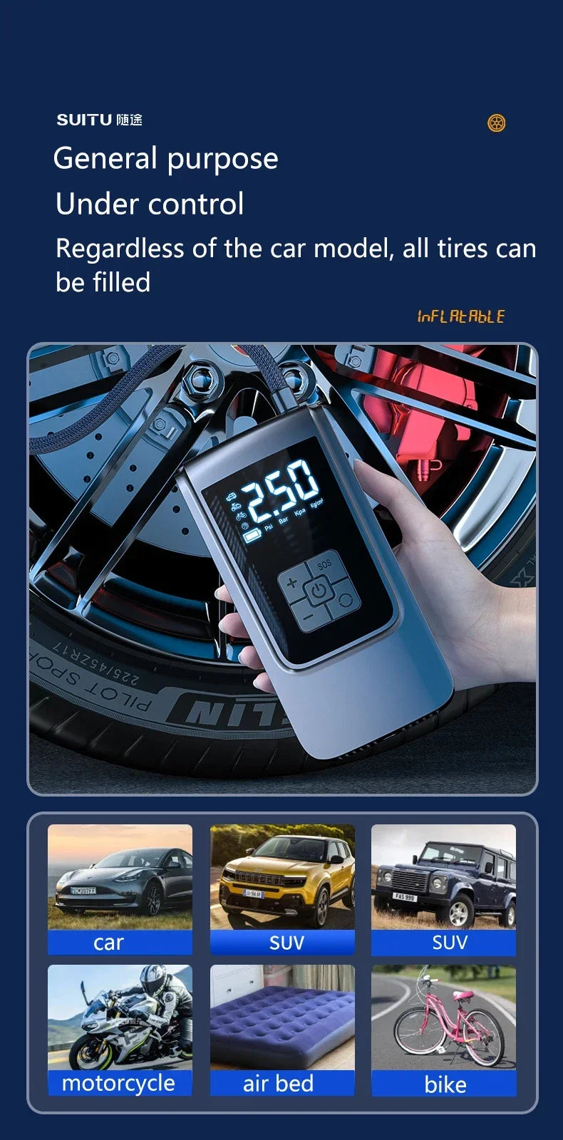 Gonfiatore Elettrico Per Pneumatici Con Compressore Portatile Senza Fili Con Display LCD Per Auto Moto Palle Bicicletta