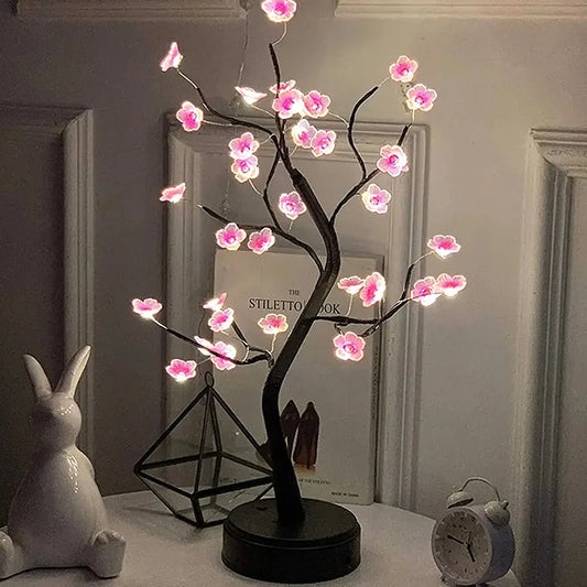Albero da tavolo Luce notturna USB/alimentato a batteria Interruttore tattile Bonsai artificiale Fiore di ciliegio Albero da tavolo Lampada a LED Decorazione della luce
