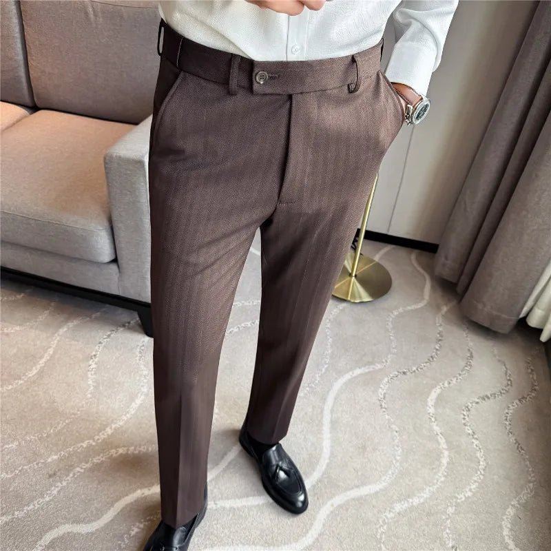 Pantaloni Da Abito Inverno In Lana Spessa Con Vita Elastica Gessati E Tinta Unita Per Uomo