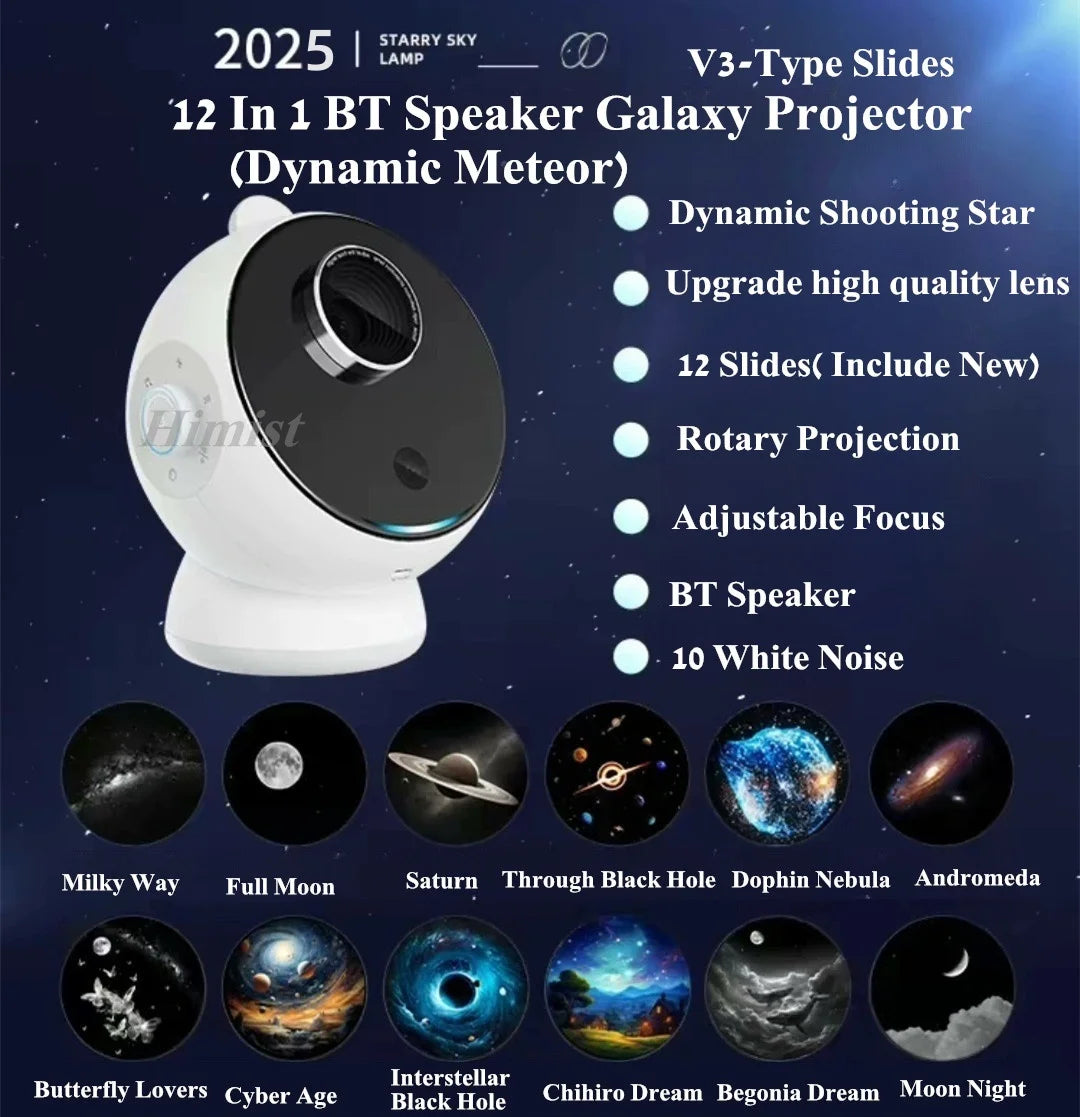 Meteor Dinamico 12 in 1 Lampada Proiettore Galaxy Ultra Trasparente Rotante con Lettore Musicale Regalo per Bambini