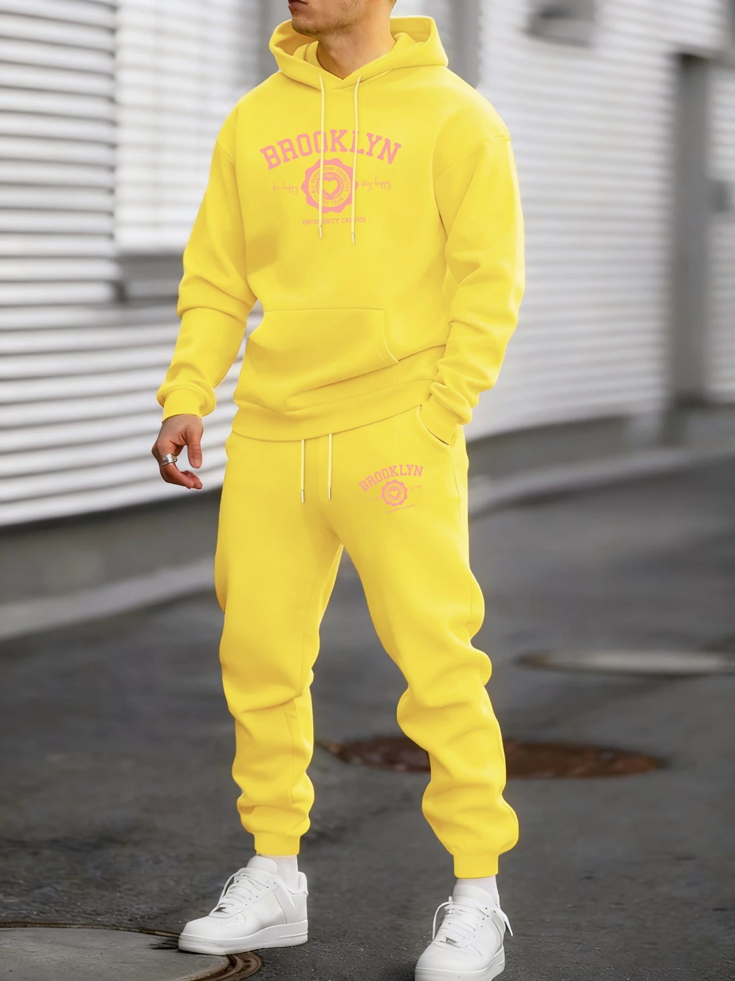 Felpa Con Cappuccio Uomo Heart Print Brooklyn Best Team Autunno Hip Hop Morbido Pile Pantaloni Semplici Sportivi