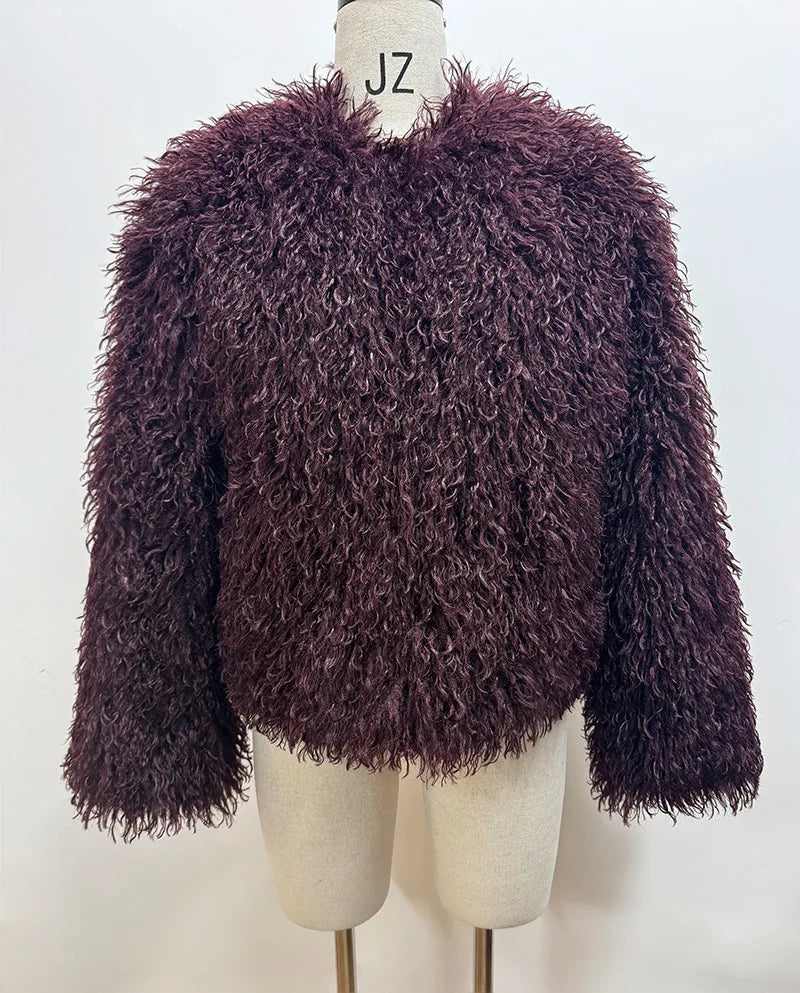 Cappotto Donna Pelliccia Sintetica Marrone Girocollo Allentato Maniche Lunghe Spessa Peluche Giacca Inverno Nuovo 7A1041