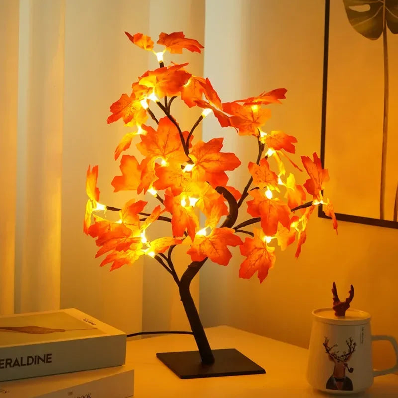 Lampada Albero Fatato Da Tavolo A LED Con 24 Luci Rosa E Foglie Di Acero Decorazione Romantica USB Per Nozze Halloween