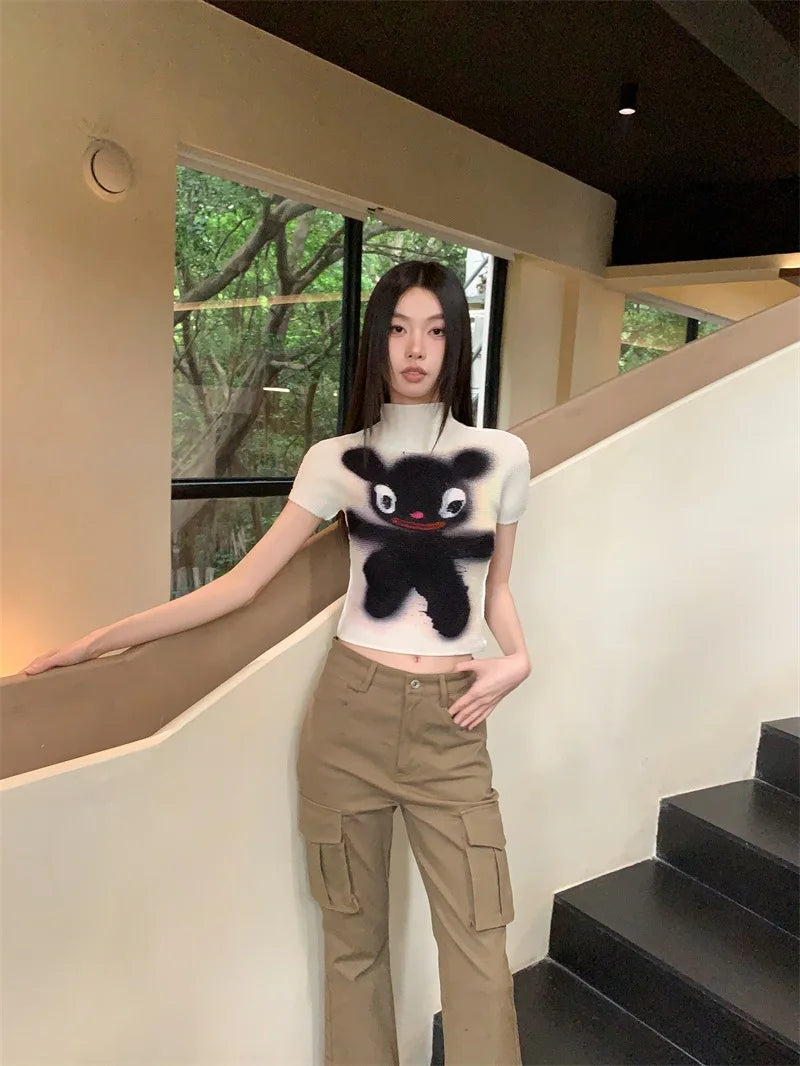 Cheerart Y2K Moda Crop Top Piega Da Donne Estate Manica Corta Kawaii Cartoon T Shirt Abbigliamento