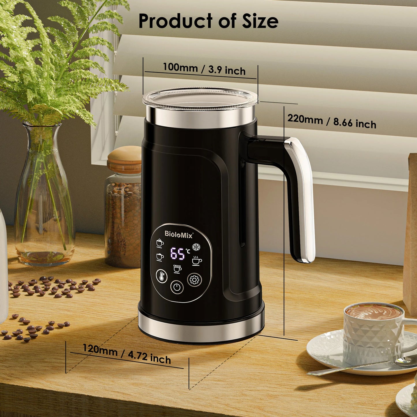 Biolomix Montalatte Intelligente 5 in 1 con Display Touch LED Schiuma Calda e Fredda per Caffè e Latte