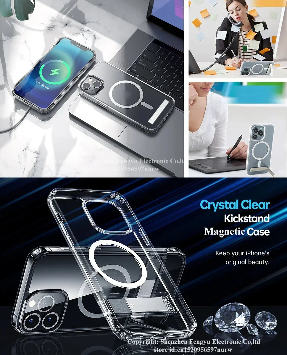 Custodia Magnetica Cristallina Con Cavalletto Per iPhone 12 Mini 13 Mini 15 Pro Max 16 17 Pro Max Con Supporto