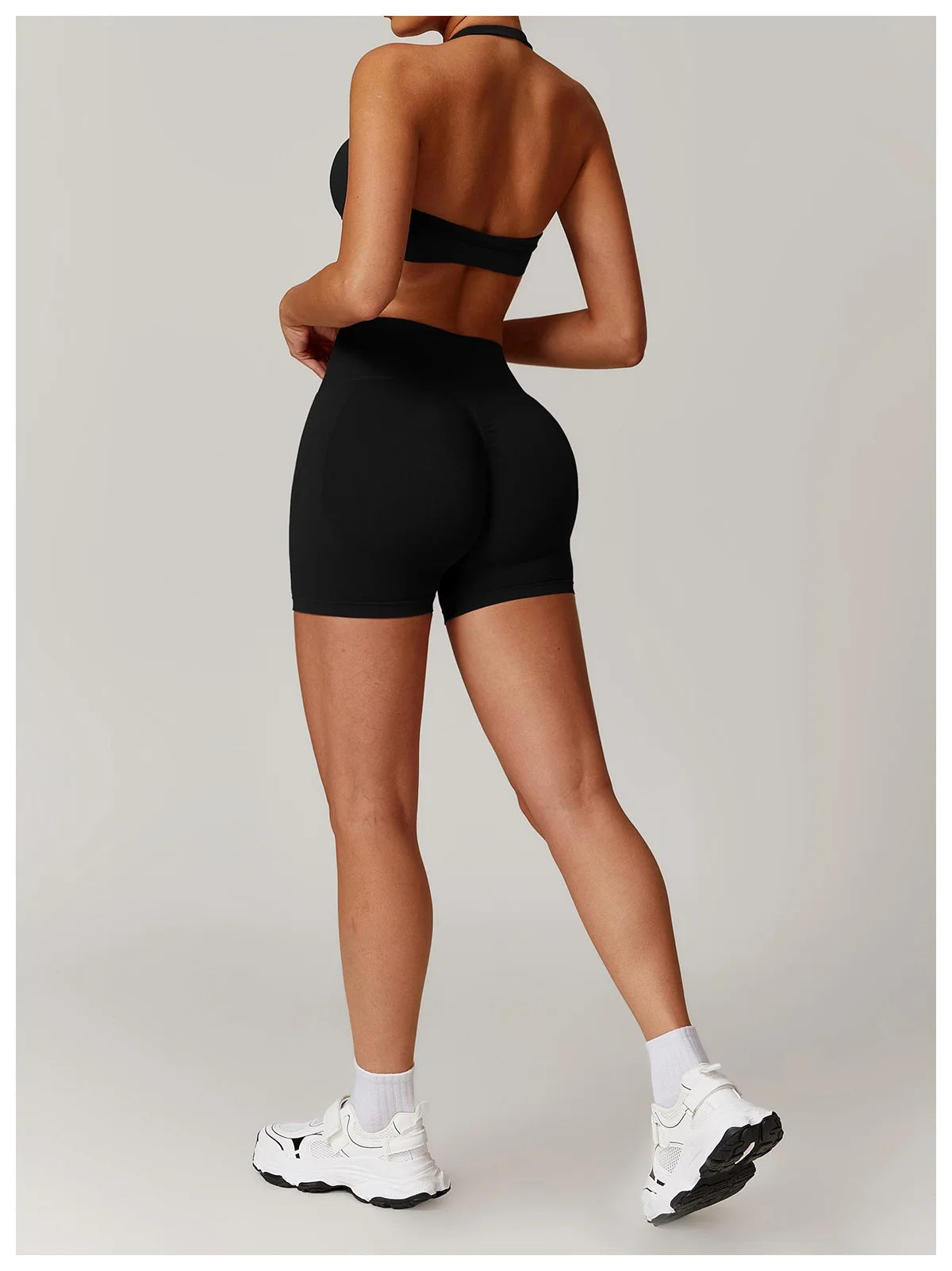Set Sportivo Da Yoga Donna 2 Pezzi Giacca Seamless Scollo Americana Reggiseno Pantaloncini Elasticizzati Per Fitness