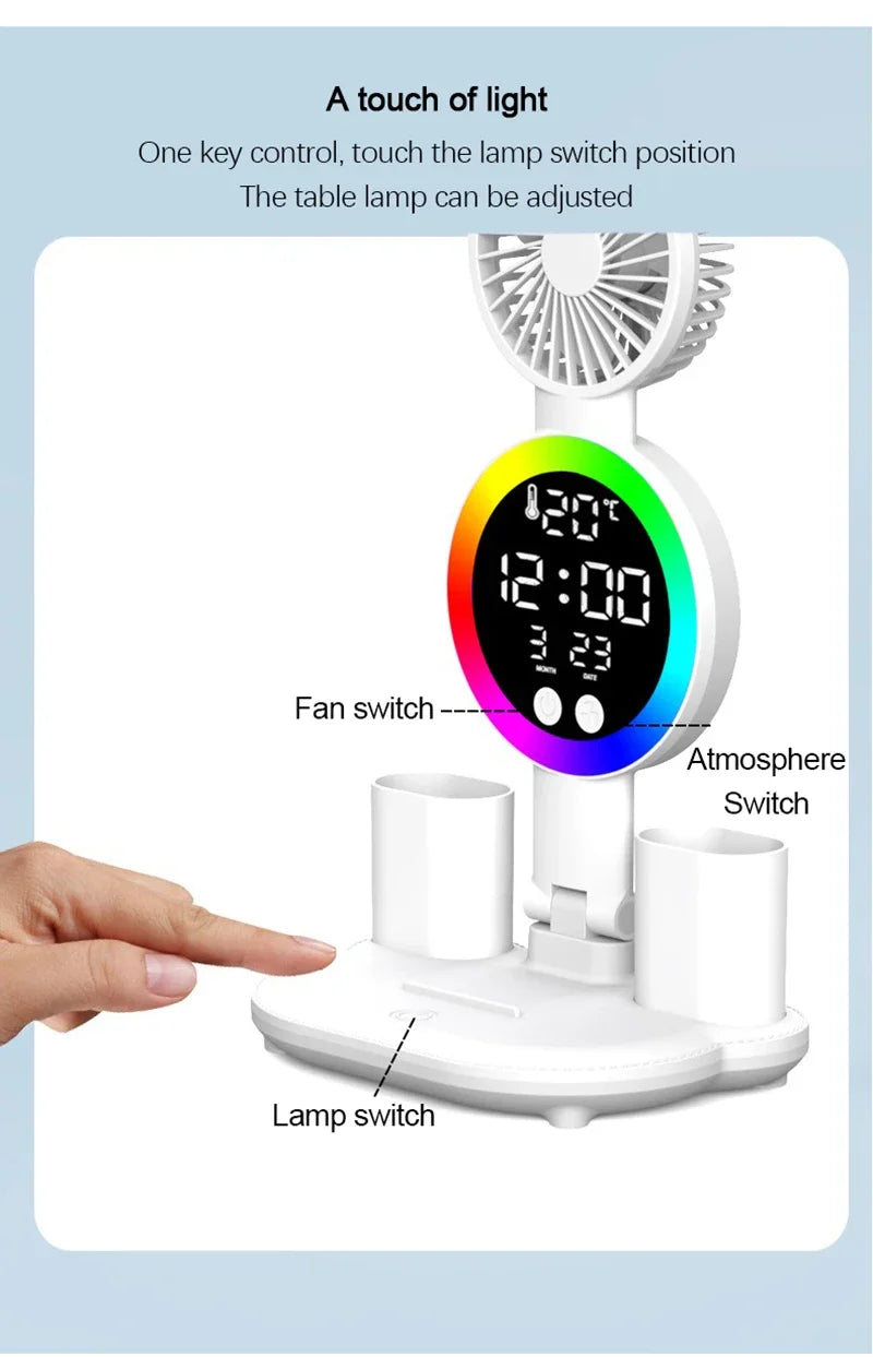 Lampada Da Tavolo Led Con Ventilatore Orologio Ricaricabile Luminosità Regolabile Per Studio Scrivania