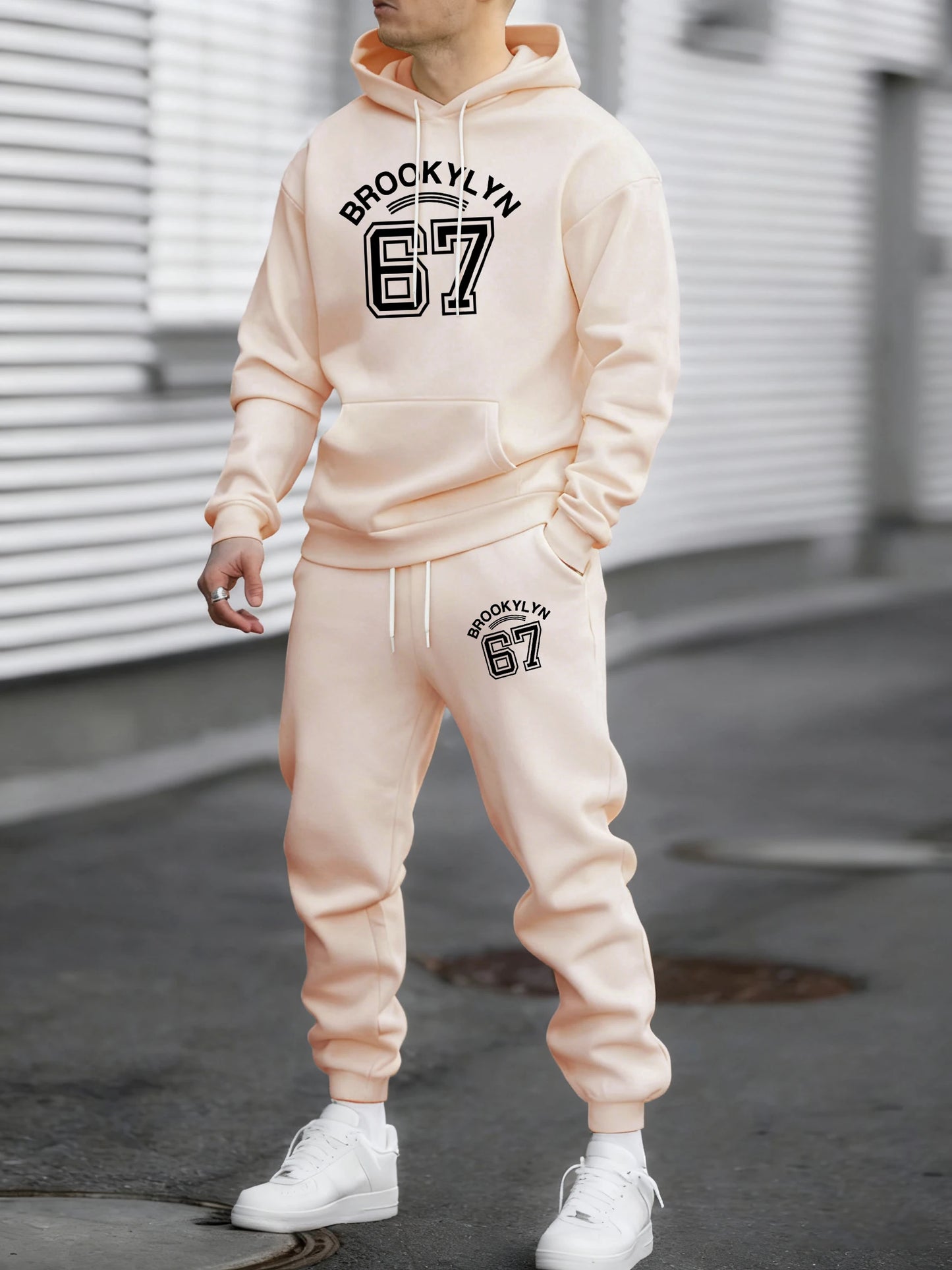 Brooklyn Lettera 67 Stampe Arte Tuta Sportiva Uomo Con Cappuccio In Pile Caldo Pantaloni Larghi Autunno Vintage