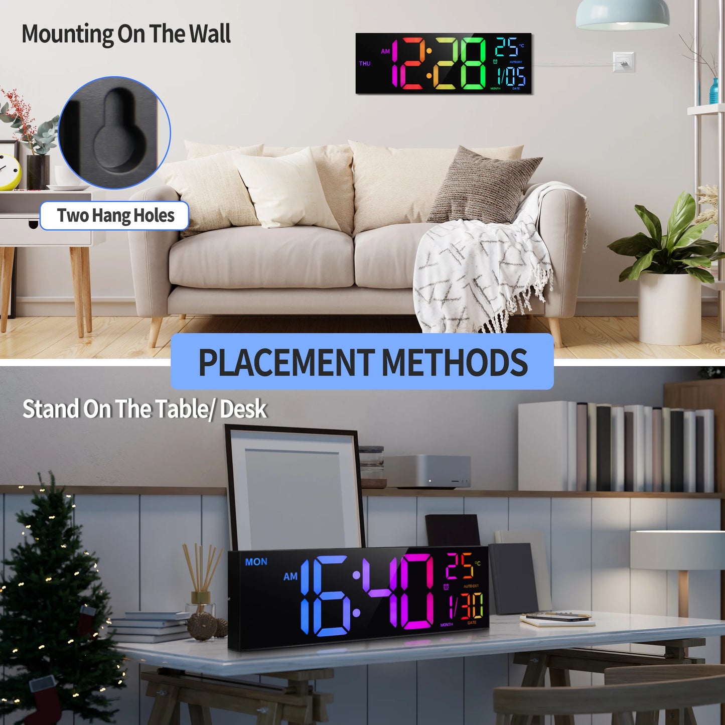 Orologio Da Parete Digitale 16 Pollici Con Display LED E Telecomando 8 Colori RGB Allarme DST Temperatura Per Soggiorno