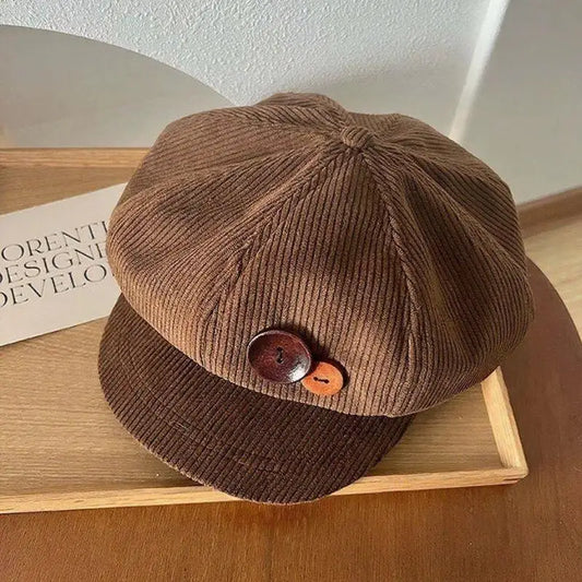 Cappello Berretto Velluto a Coste Vintage Donna Ottagonale con Bottoni Coreani e Visiera Marrone in Stile Giapponese