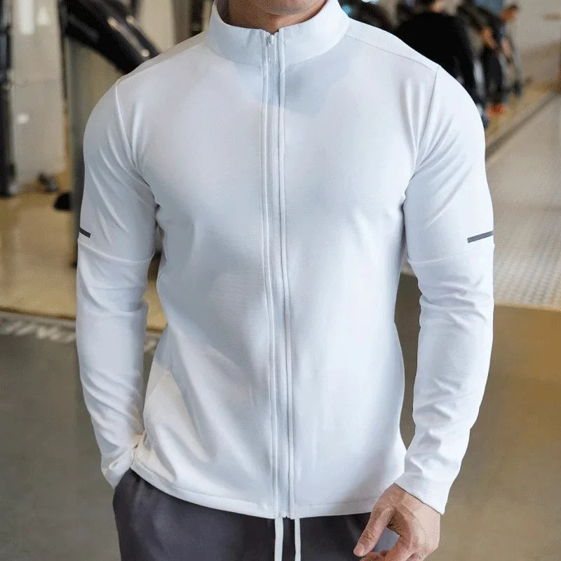 Felpa Con Zip Da Allenamento Per Uomo Manica Lunga Colletto Rialzato Tinta Unita Giacca Sportiva