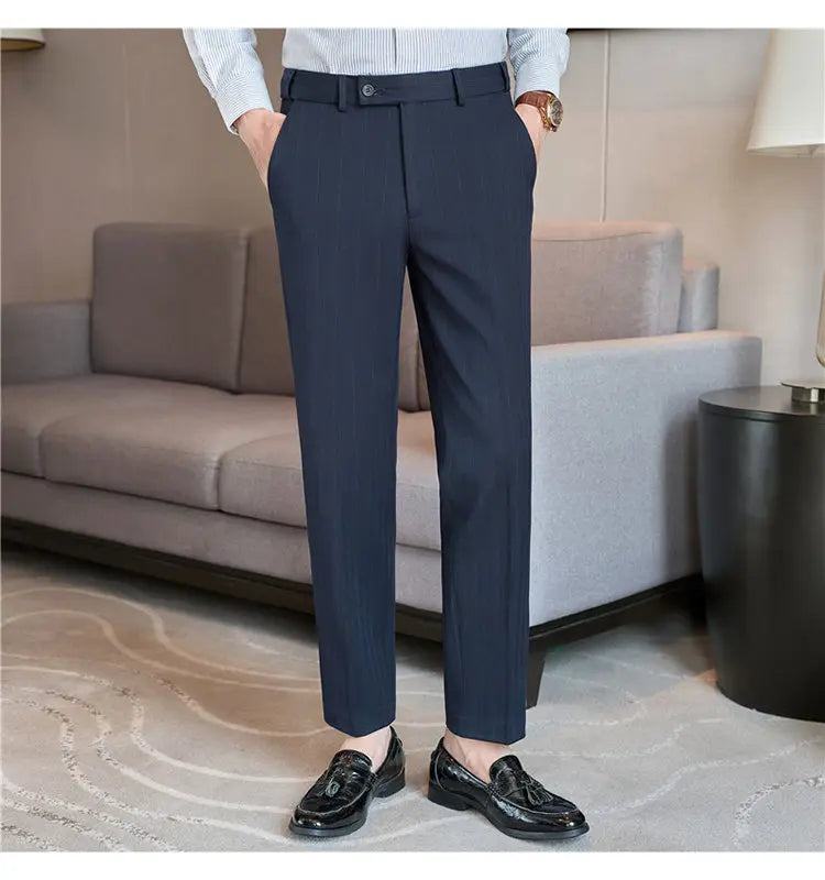 Pantaloni Da Abito Inverno In Lana Spessa Con Vita Elastica Gessati E Tinta Unita Per Uomo