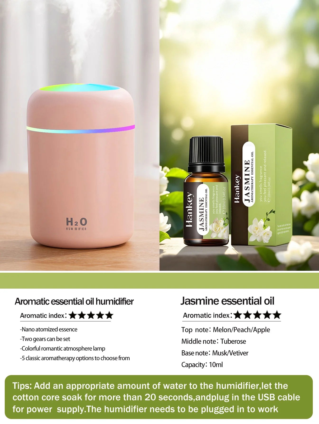 Diffusore Aromaterapia Umidificatore Purificatore D'Aria 300ml Luce a Sette Colori Olio Essenziale per Uso Domestico