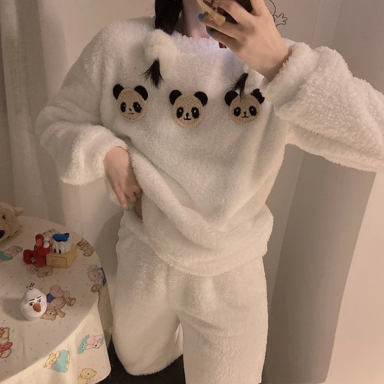 Pigiama Da Donna Caldo In Pile Set Pigiama Invernale Morbido Top Solido E Pantaloni Scozzesi Per Casa