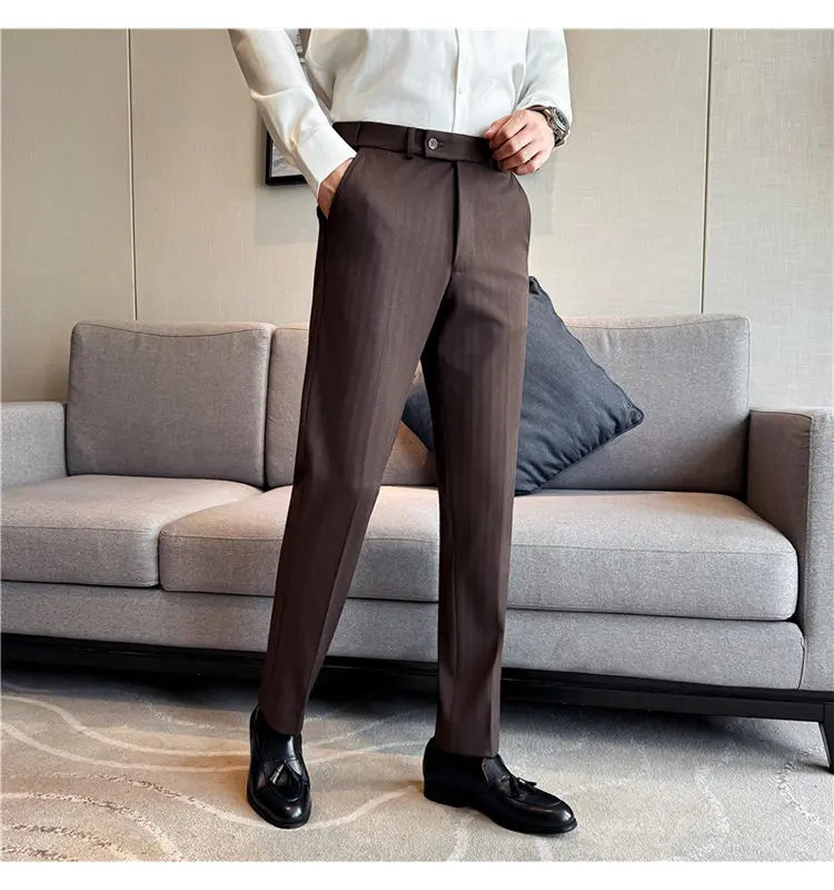 Pantaloni Da Abito Inverno In Lana Spessa Con Vita Elastica Gessati E Tinta Unita Per Uomo