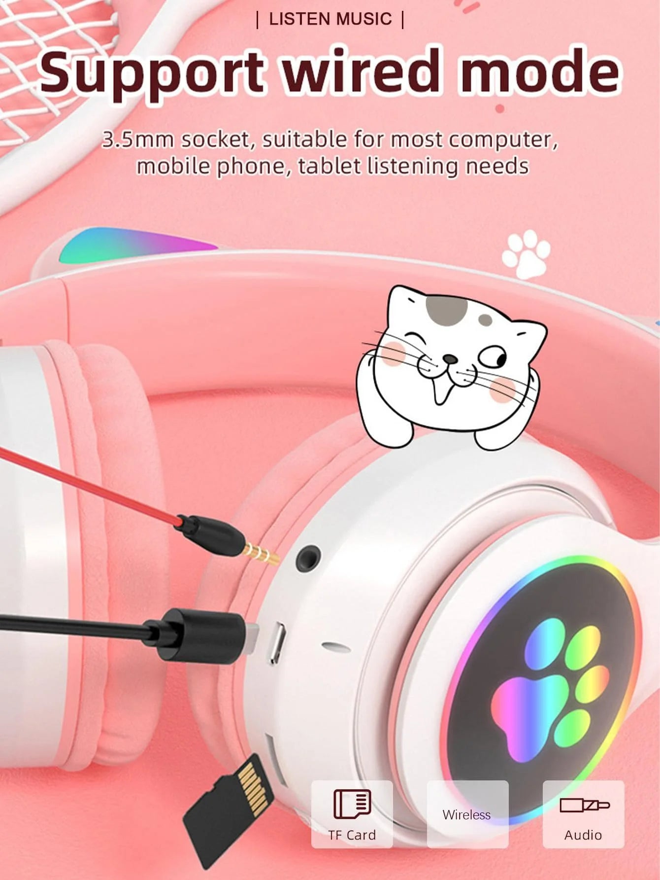 Cuffie Wireless Per Gatti Con Orecchie Di Gatto RGB Microfono Cancellazione Del Rumore Musica Stereo Regalo Ideale