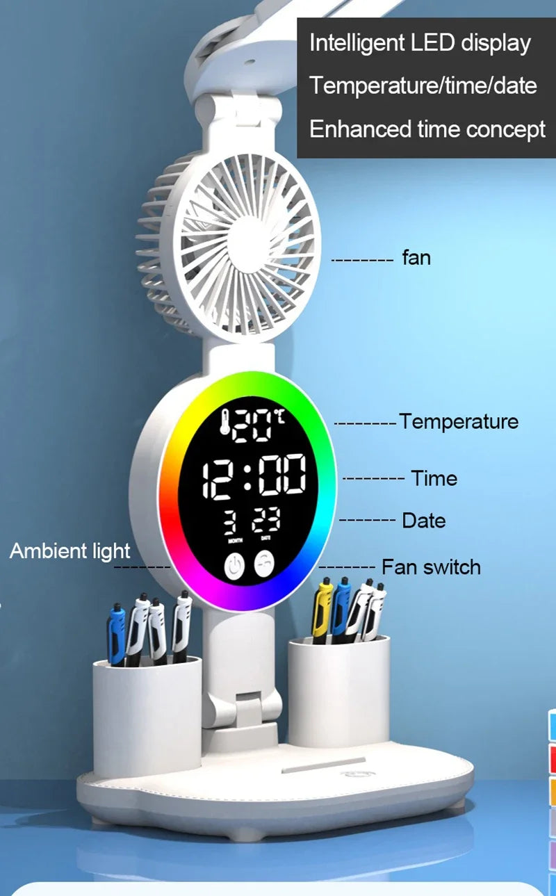 Lampada Da Tavolo Led Con Ventilatore Orologio Ricaricabile Luminosità Regolabile Per Studio Scrivania