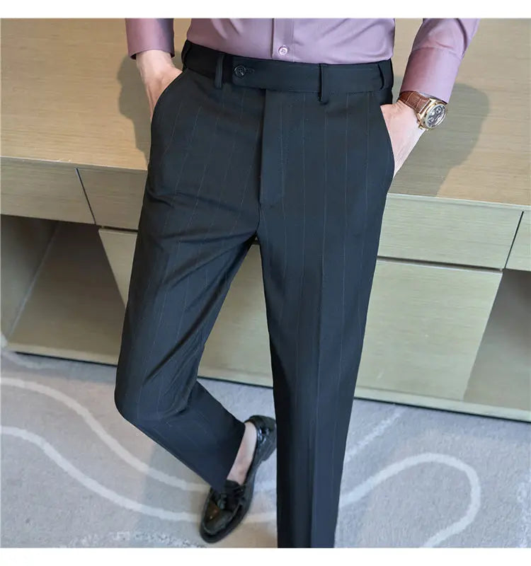 Pantaloni Da Abito Inverno In Lana Spessa Con Vita Elastica Gessati E Tinta Unita Per Uomo