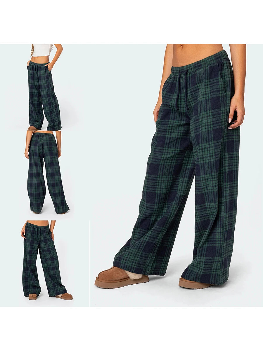Pantaloni Oversize da Donna Y2K da Salotto Casual Quadri di Moda Elastici Vita Alta con Tasche Pigiama Homewear