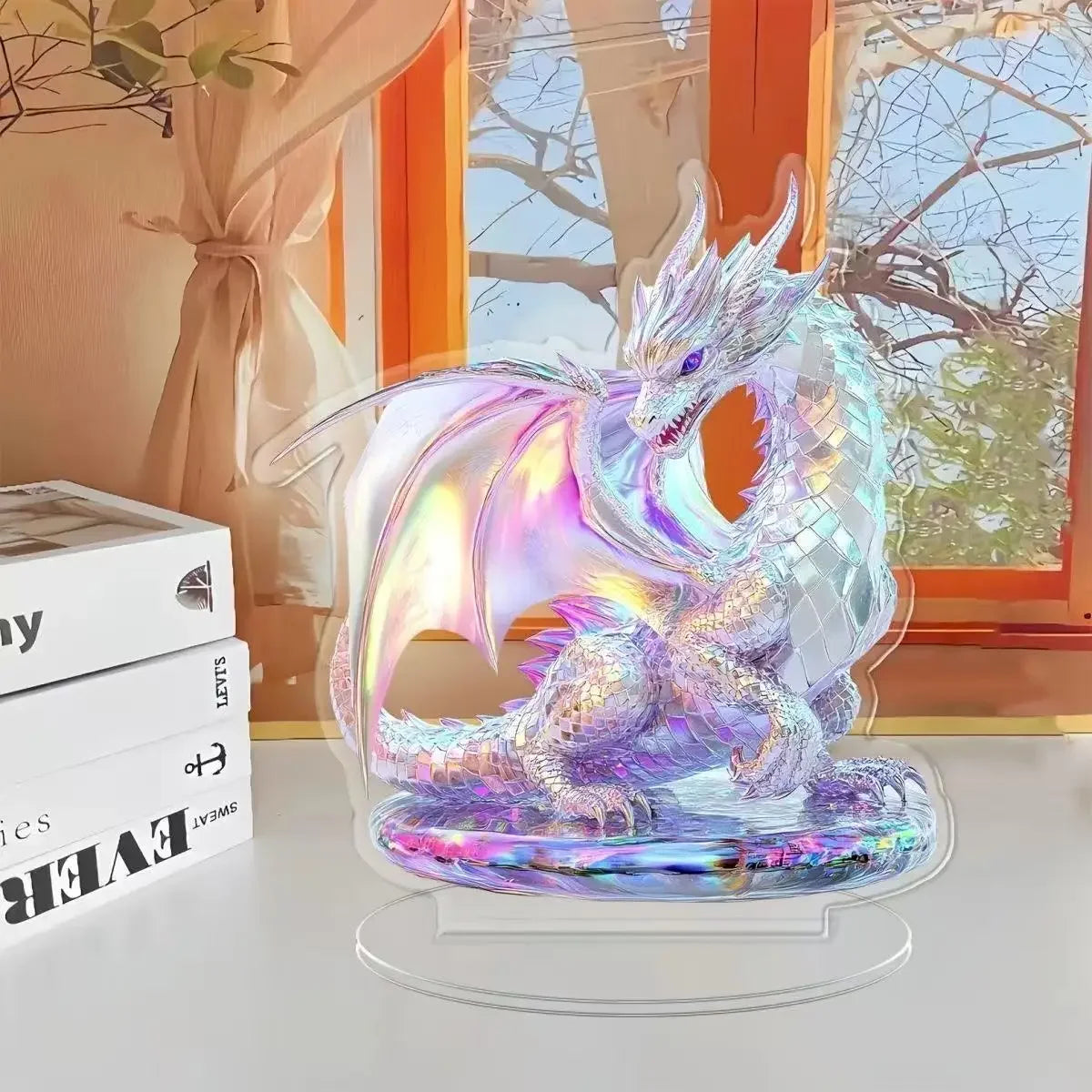 Statua Drago Di Cristallo Bianco Acrilico Piatta 2D Per Casa Ufficio Decorazione Tavolo Regalo