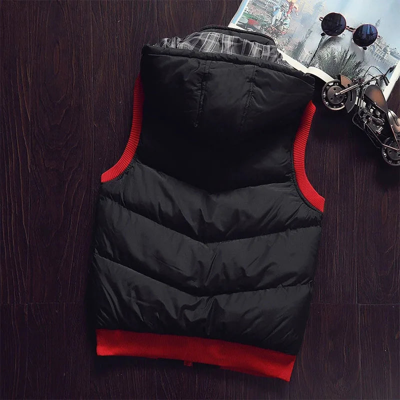 Gilet Invernale Imbottito Da Uomo Con Cappuccio In Cotone Colore A Contrasto Senza Maniche Caldo E Spesso