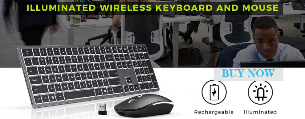 Combinazione Tastiera E Mouse Wireless Retroilluminati Ricaricabili Modalità Sleep 2,4 GHz Tasti Illuminati Ergonomico