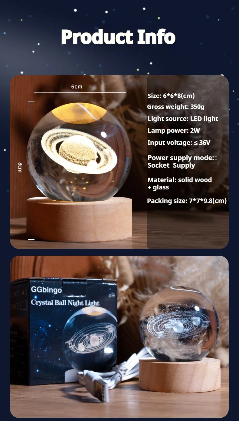 Globo Di Cristallo 6 cm Led Decorazione Astronomia Sistema Solare Pianeti Luna Per Appassionati Universo