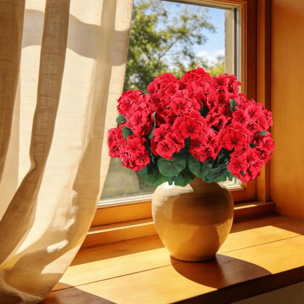 Gerani Artificiali UV Resistente 6 Pezzi Rosso Fiori di Seta per Esterno in Vaso e Centrotavola