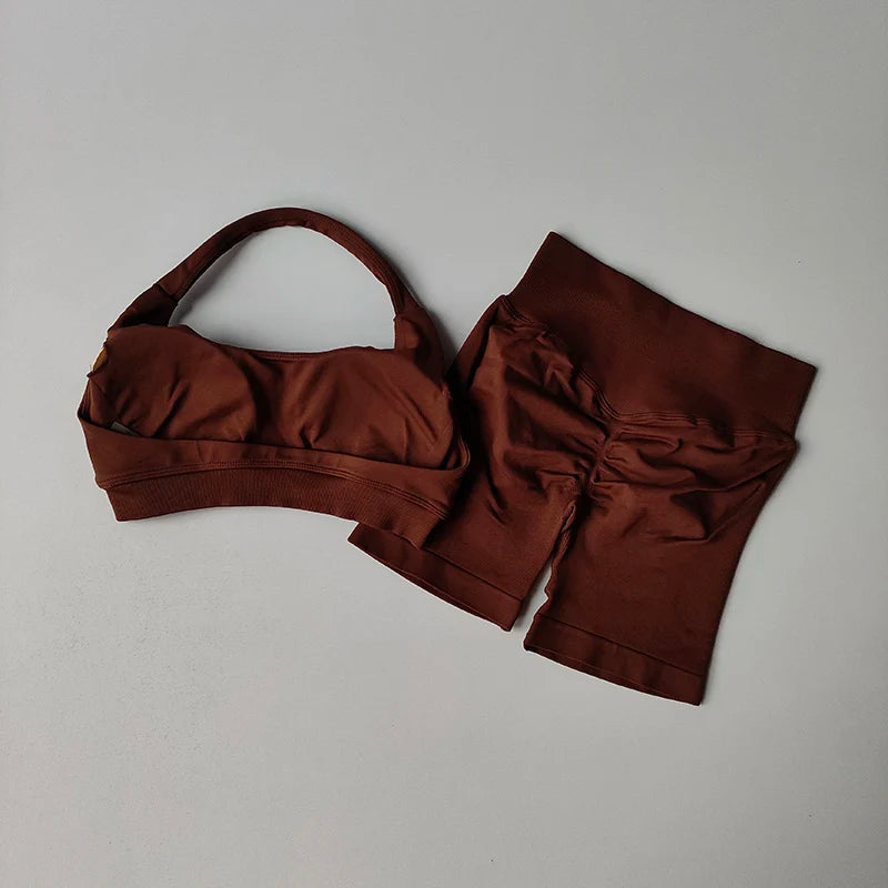 Set Sportivo Da Yoga Donna 2 Pezzi Giacca Seamless Scollo Americana Reggiseno Pantaloncini Elasticizzati Per Fitness