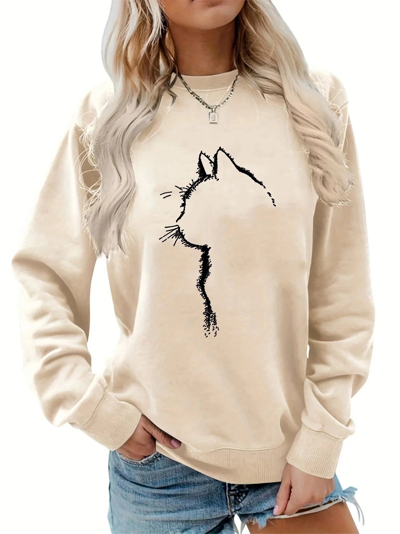 Pullover da Donna Autunno Inverno Casual Ampio con Motivo Gatto Caldo Stampato Girocollo a Maniche Lunghe
