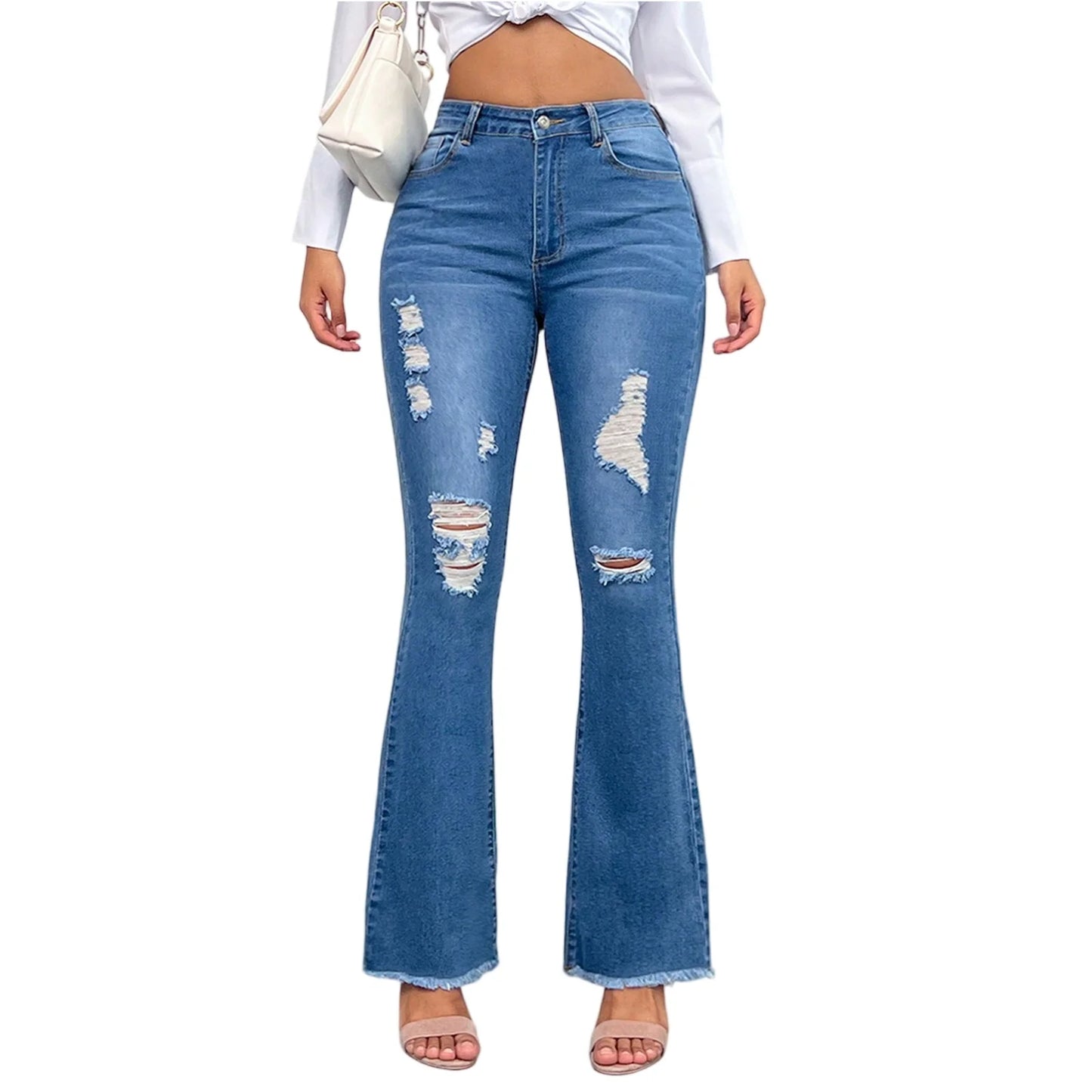 Jeans Da Donna Slim Fit High Waist Strappi Retrò In Denim Tinta Unita Con Tasche