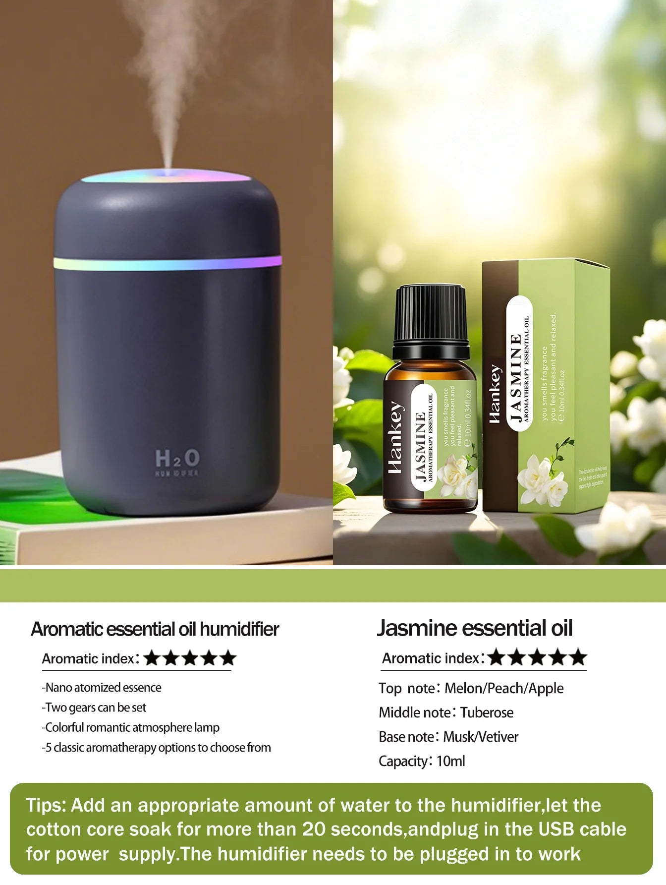 Diffusore Aromaterapia Umidificatore Purificatore D'Aria 300ml Luce a Sette Colori Olio Essenziale per Uso Domestico