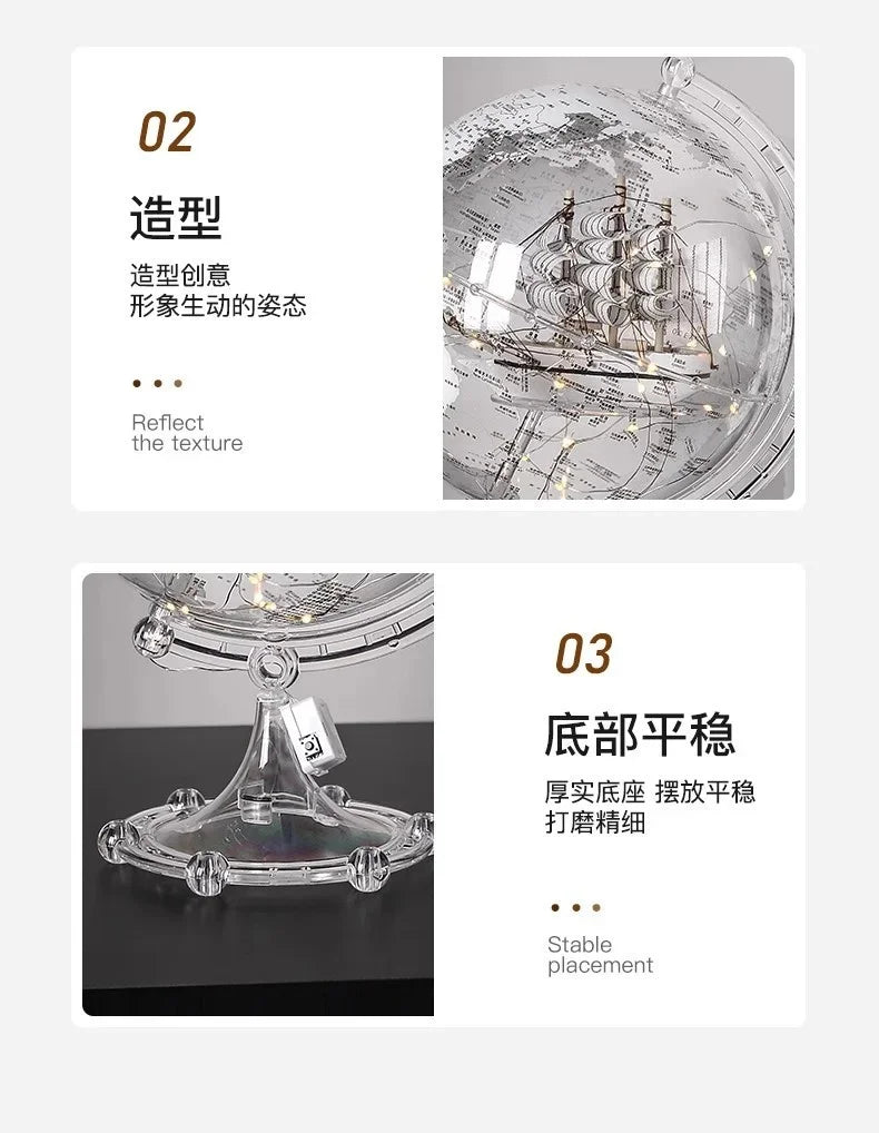 Ornamento moderno di lusso a globo con accenti di barca a vela, elegante scultura in metallo per soggiorno, supporto TV, armadietto del vino, scrivania da ufficio