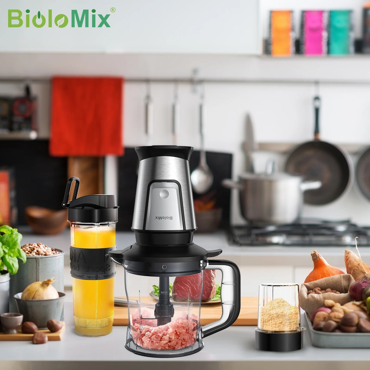 Biolomix TB23M Robot da Cucina 3 in 1 700W Potente Multifunzione Frullatore Spremiagrumi e Tritatutto per Famiglie
