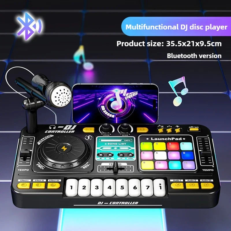 Controller DJ per bambini Mixer giocattolo musicale con microfono Luce a LED Gioco musicale elettronico Giradischi DJ per regali di compleanno per bambini