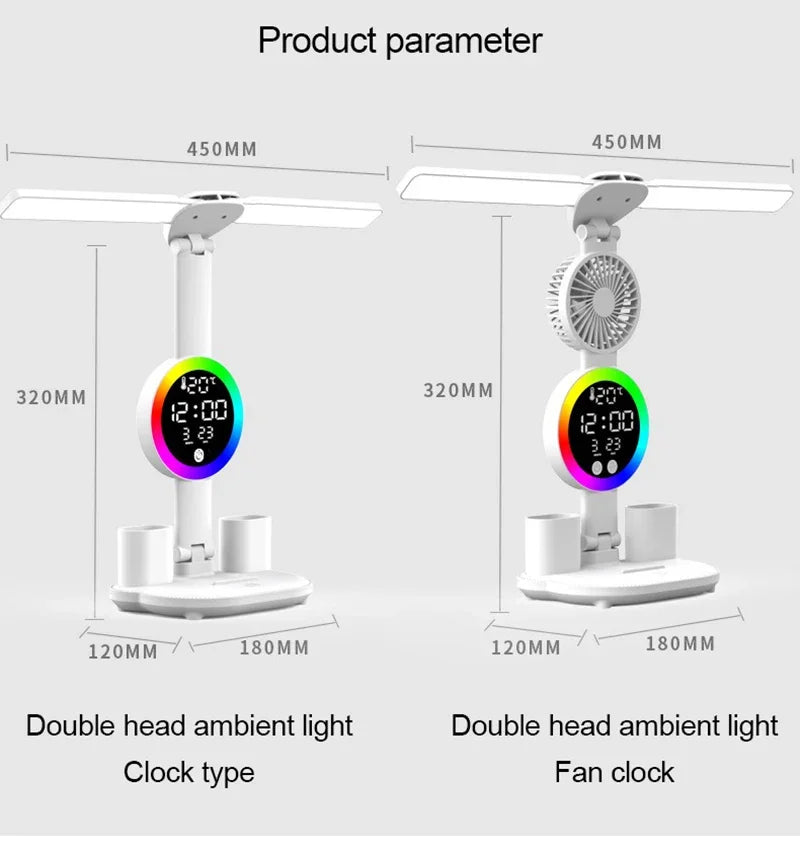 Lampada Da Tavolo Led Con Ventilatore Orologio Ricaricabile Luminosità Regolabile Per Studio Scrivania
