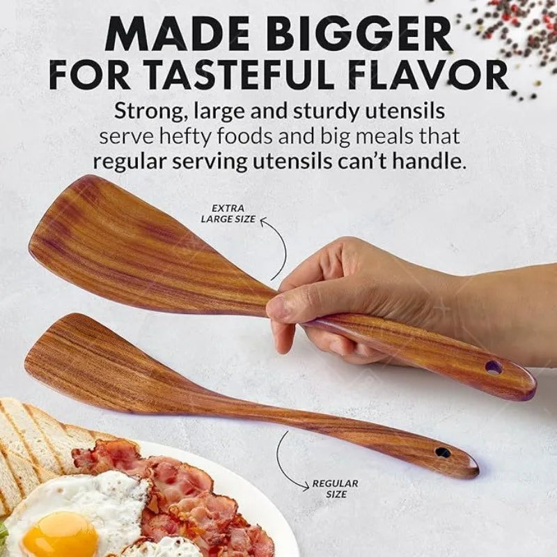 Wxcoo Cucchiai Da Cucina In Legno Di Teak Naturale Set Spatole E Paletta In Legno Antiaderente Utensili Da Cucina