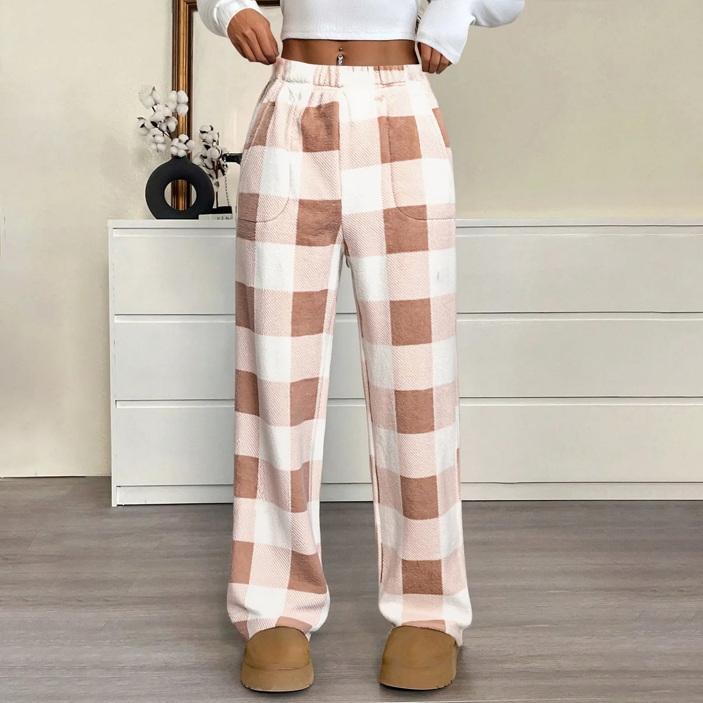 Pantaloni Del Pigiama Da Donna Con Vita Elastica E Scozzesi In Pile Morbidi Con Tasche Peluche