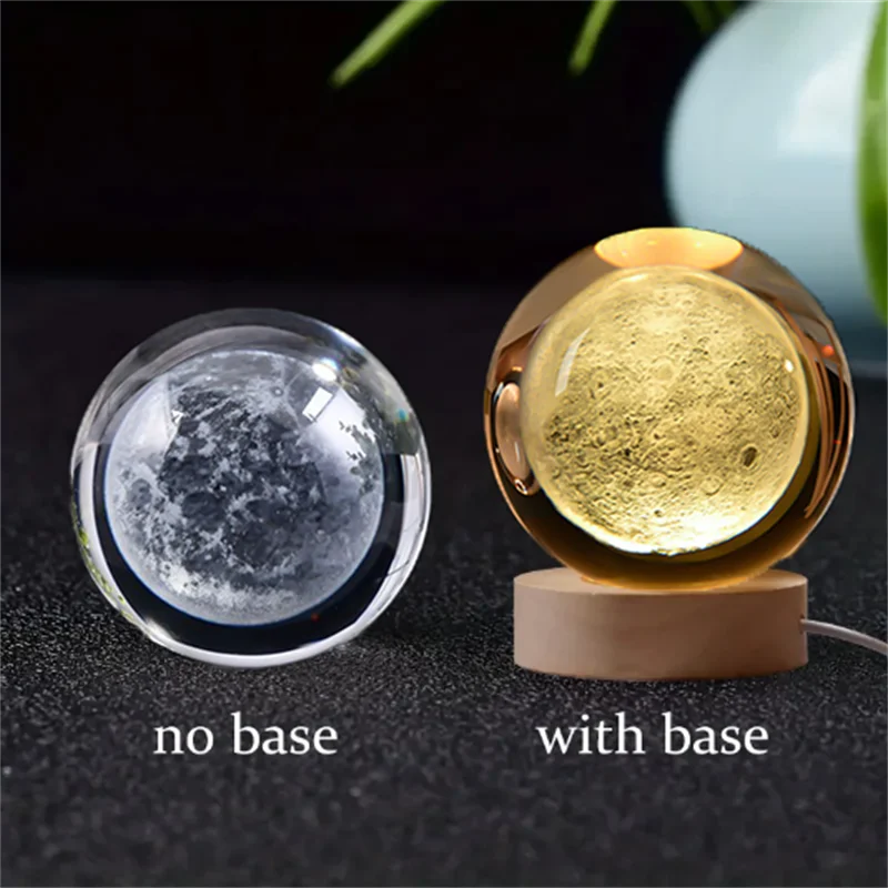 Lampada Notturna Sfera di Cristallo Incisa al Laser Regalo di Compleanno Decorazione da Scrivania con Base USB in Legno