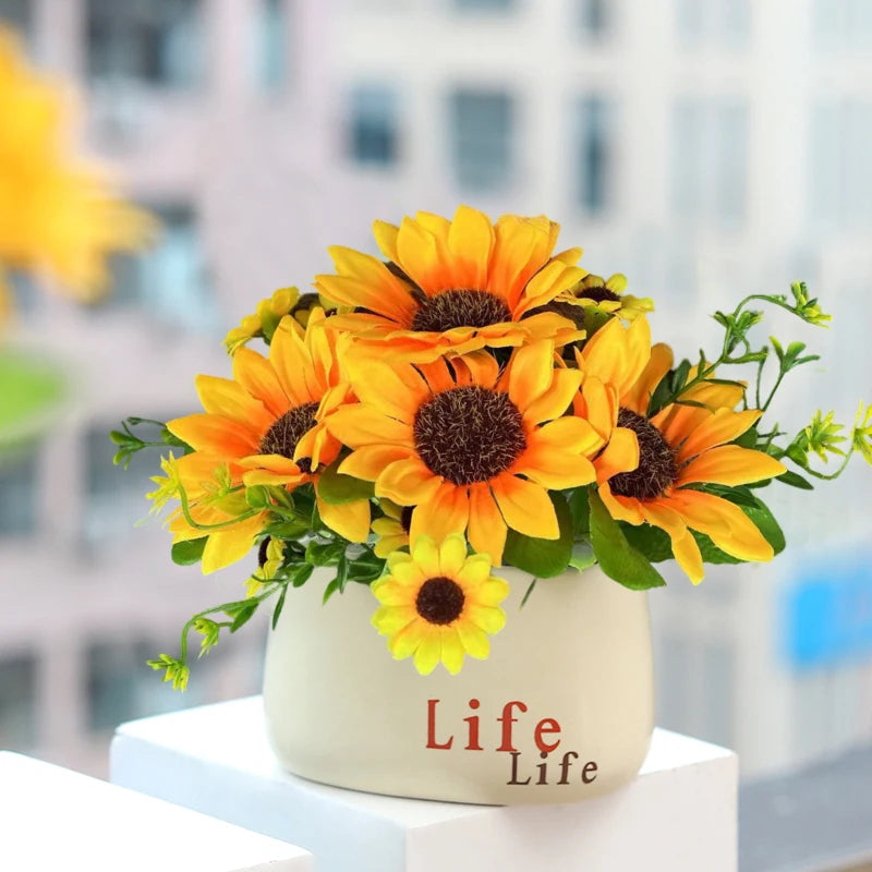 Vaso di Plastica con Fiore di Girasole Artificiale Set Decorazione per Matrimoni e Eventi