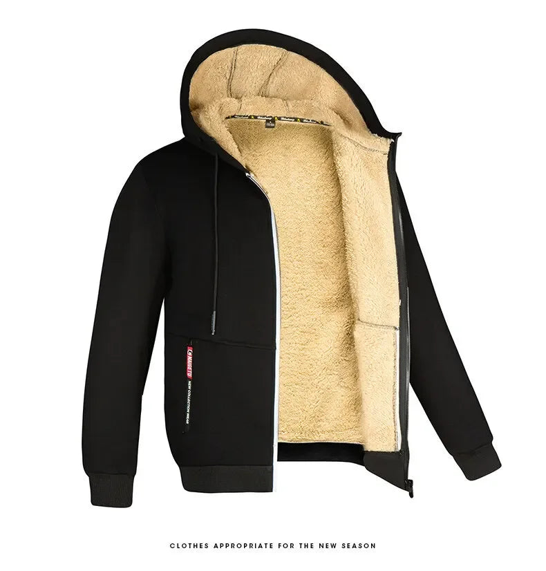 Felpa con Cappuccio Calda da Uomo con Fodera in Pile di Agnello Spessa Zip Antivento Abbigliamento Sportivo Casual
