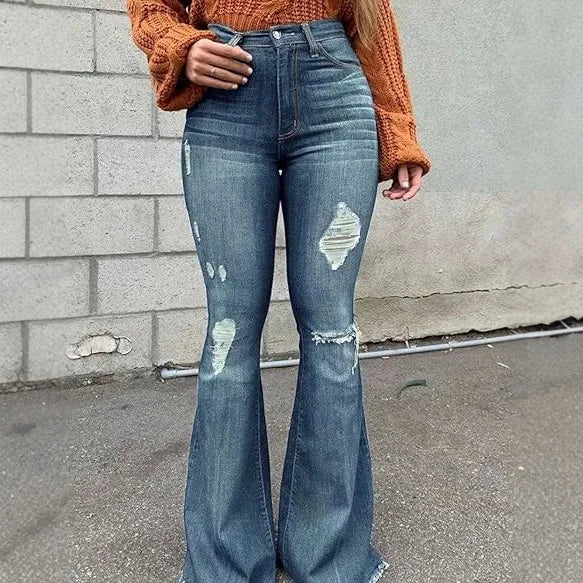 FENROOST Jeans Donna Vita Alta Elasticizzati Strappati Zampa D'Elefante Denim Distressed Vintage Slim