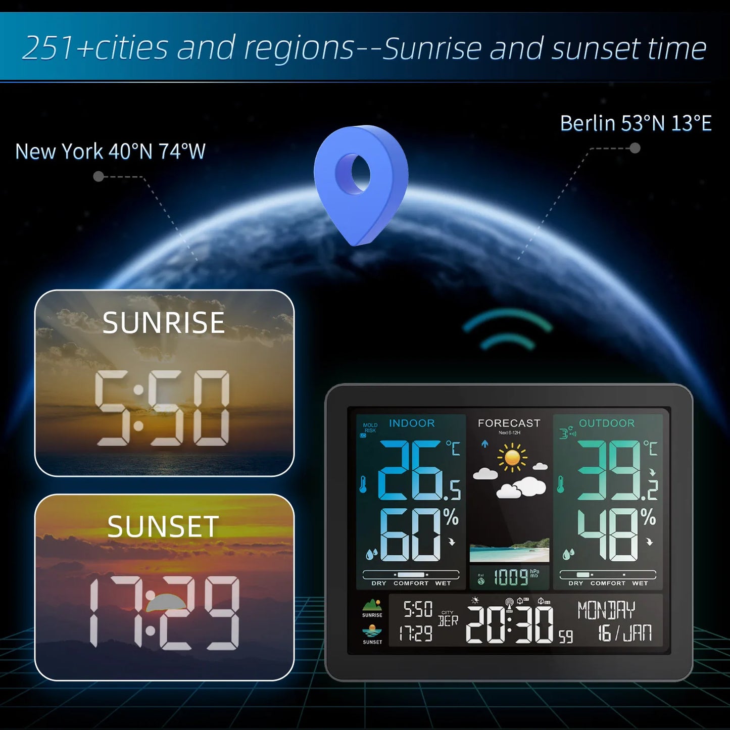 Stazione Meteorologica Multifunzionale Con Sveglia Termometro Igrometro Digitale Schermo Tattile Esterno Wireless