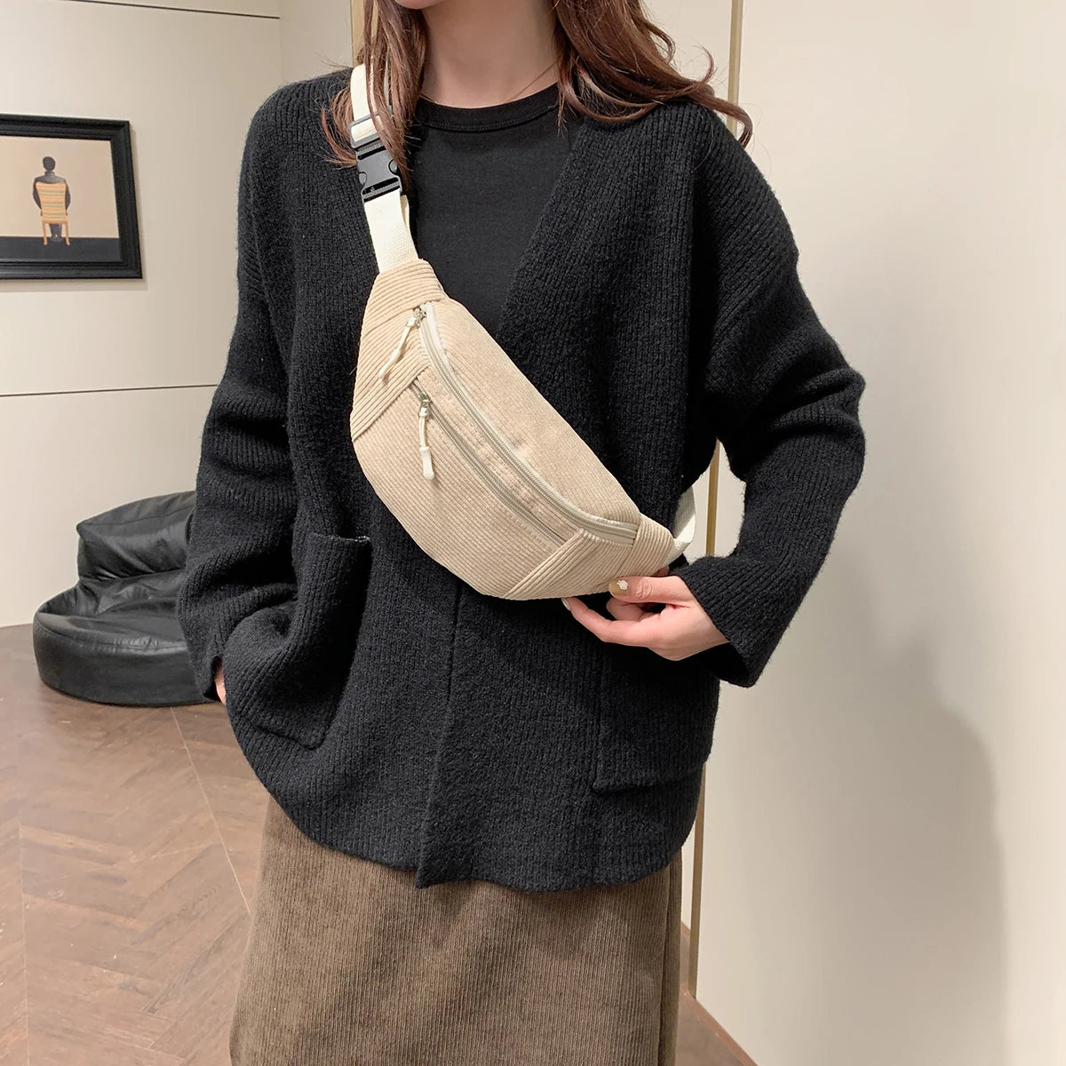 Marsupio Da Donna In Velluto A Coste Borsa A Tracolla Per Studenti Cintura Per Telefono Moda